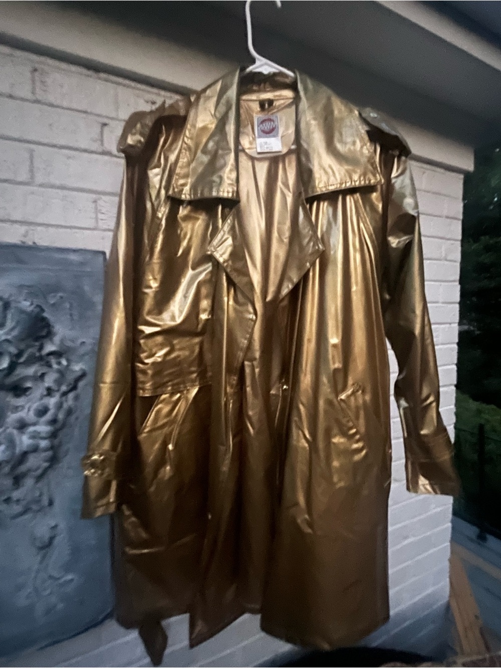 Vintage Razzle Dazzle Metallic Gold Vinyl Trench Raincoat Belted Statement Coat